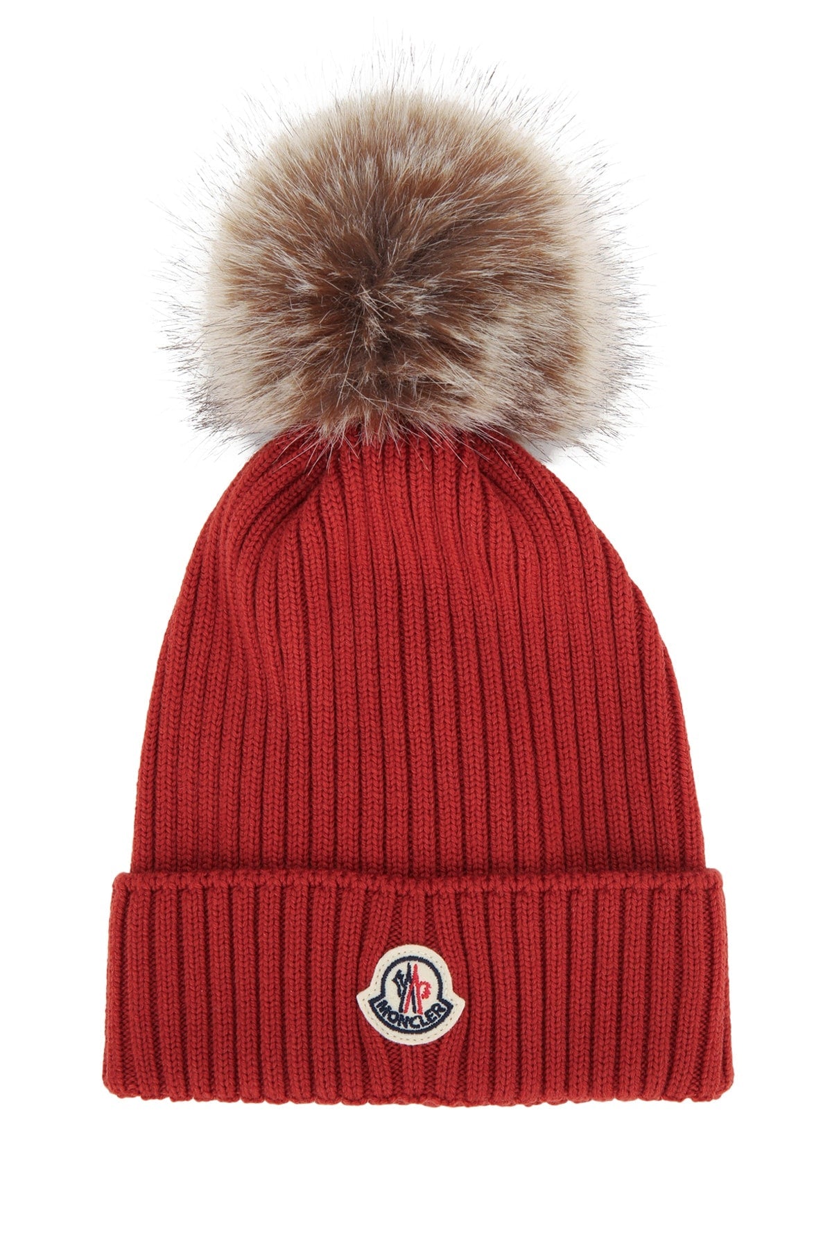 Moncler Jr Hat Ribbed Wool With Fur Pom Beanie — Red Beanies