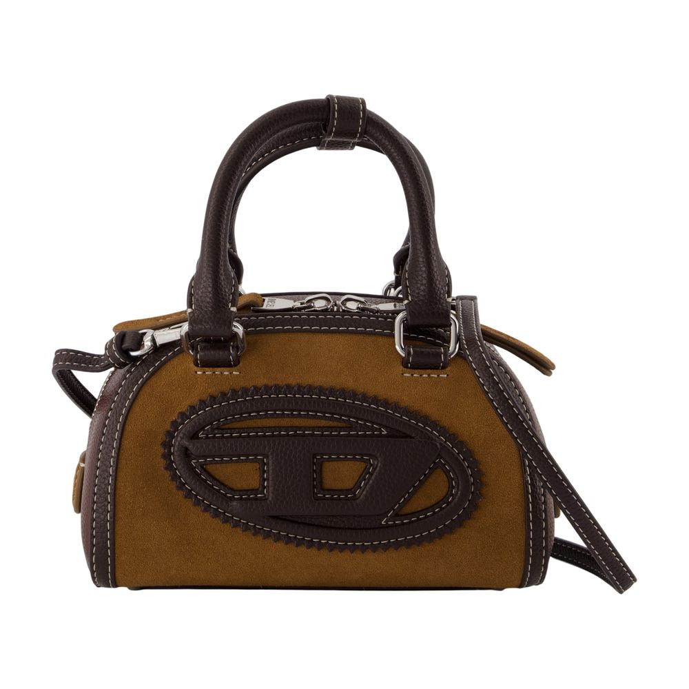 Diesel Dome Silhouette With Oval Logo Plaque Top Handle Bag — Brown Faux_leather