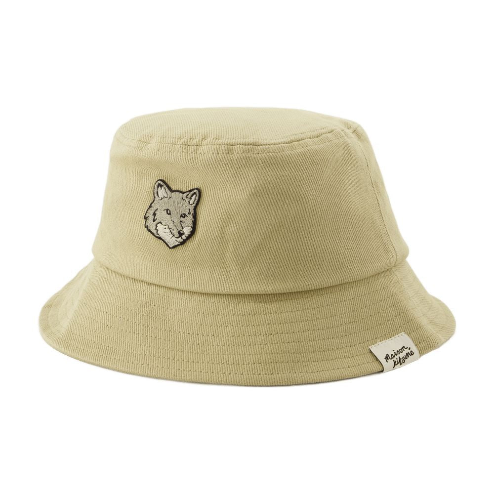 Maison Kitsune Mm06114ww0096 Fox-Head Embroidered Bucket Hat — Beige Cotton