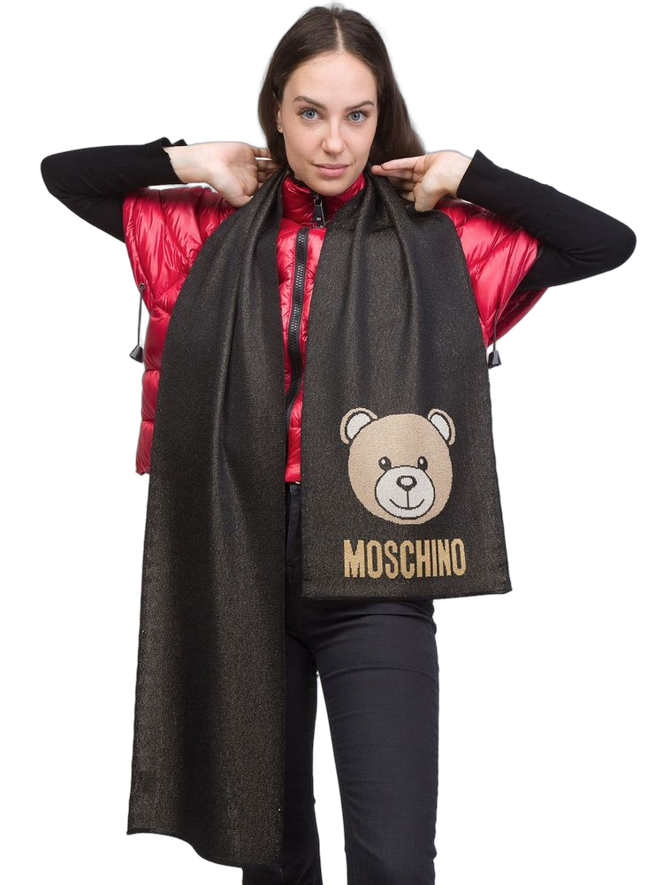 Moschino Bear Logo Embroidered Scarf — Black Viscosa Scarfs