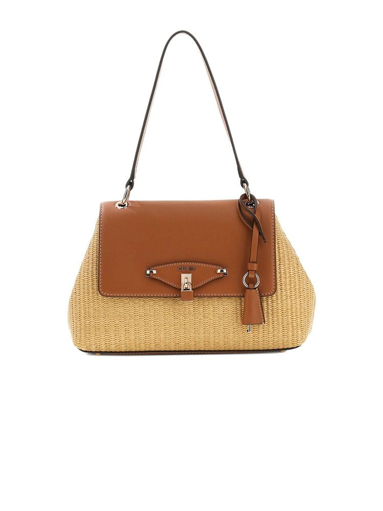 Guess Woven Straw And Leather Shoulder Bag — Beige Polypropylene