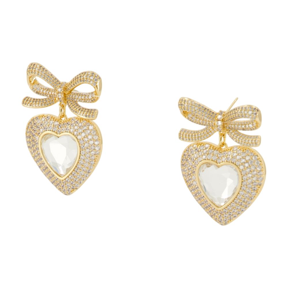 Self-Portrait Bow Crystal Heart Earrings — Gold Metal