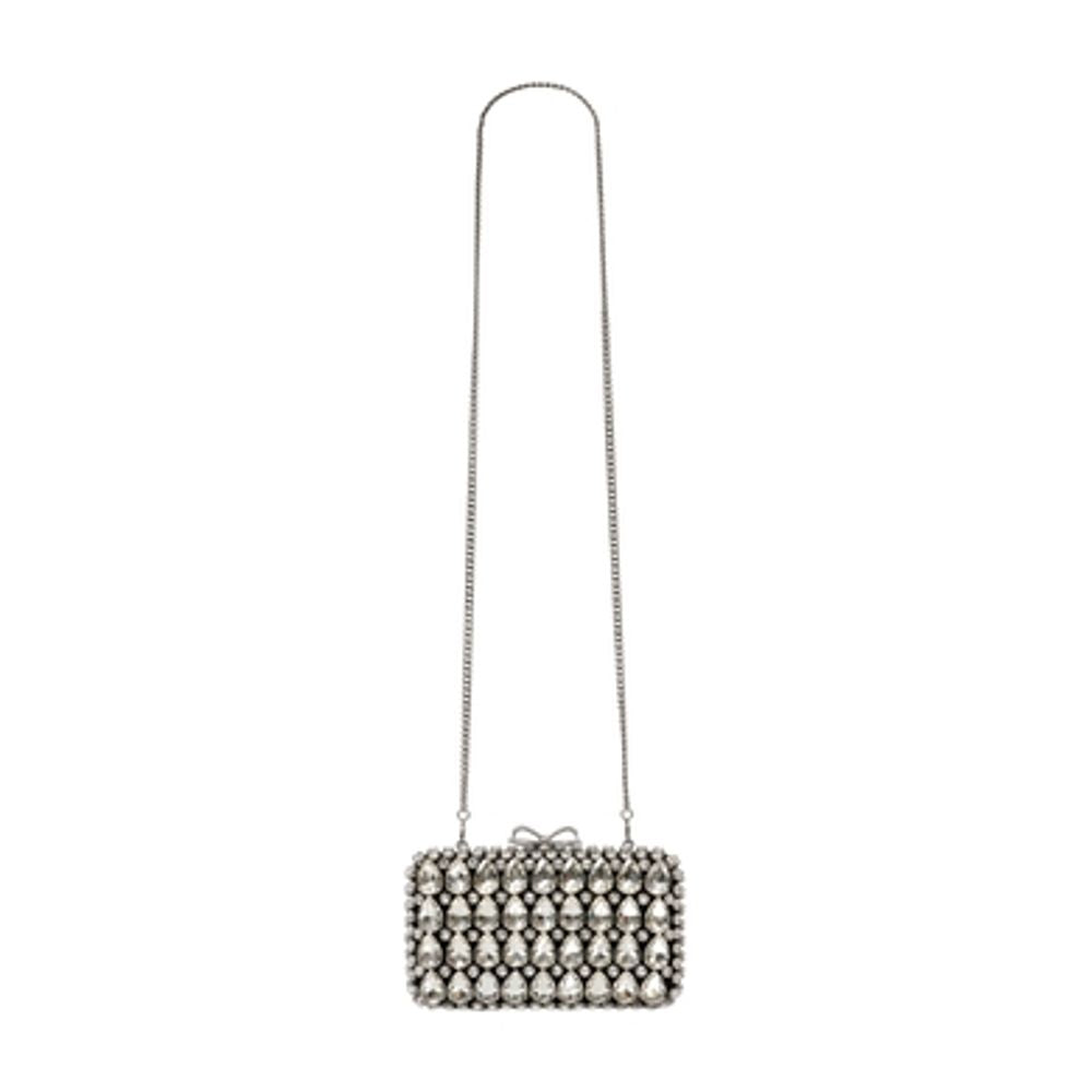 Self-Portrait Crystal-Embellished Clutch — Ivory Satin