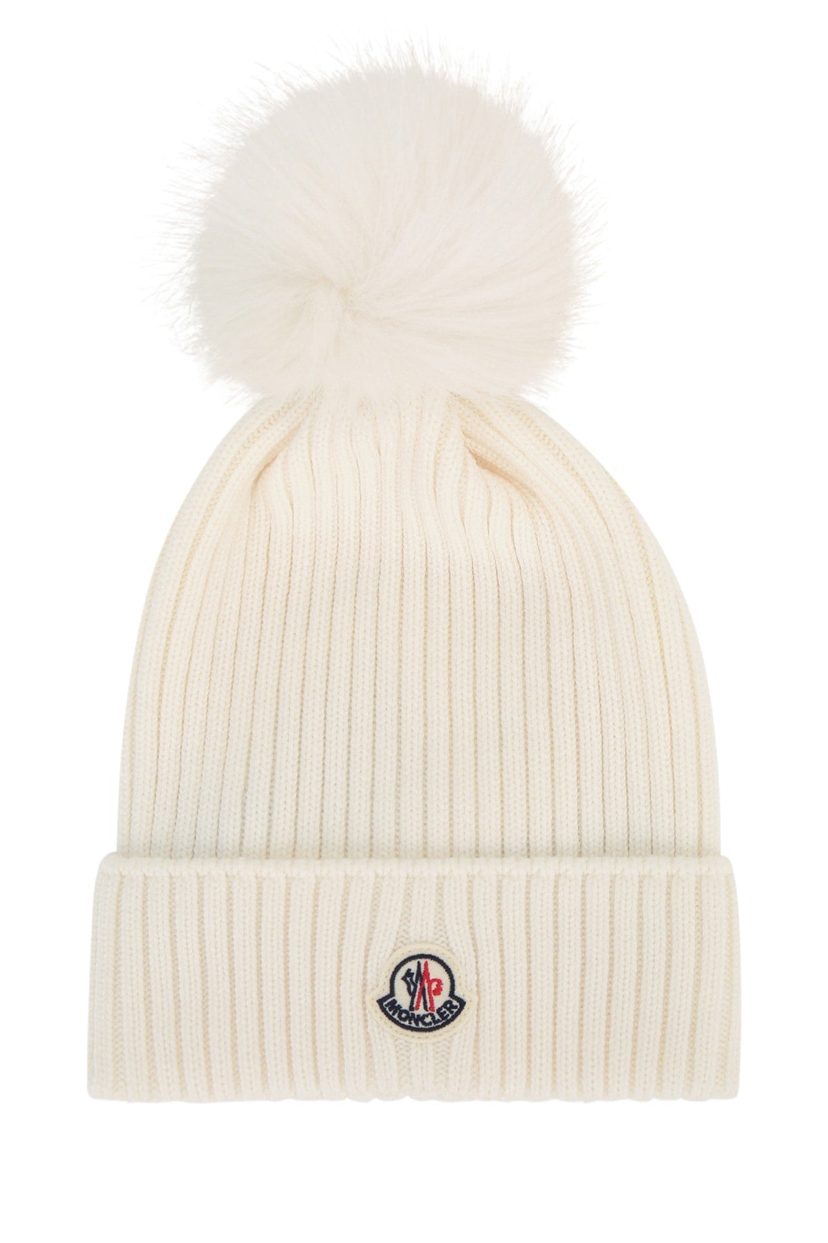 Moncler Jr Hat Ribbed Knit With Fur Pom Beanie — Cream Mixed Fibres Beanies
