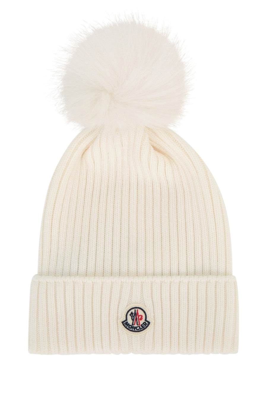 Moncler Jr Hat Ribbed Knit With Fur Pom Beanie — Cream Mixed Fibres Beanies