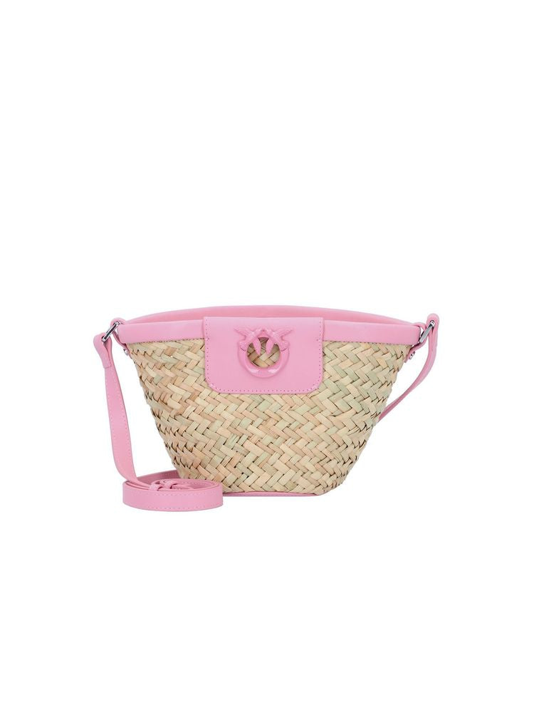 Pinko Straw & Leather Shoulder Bag — Pink Cowhide