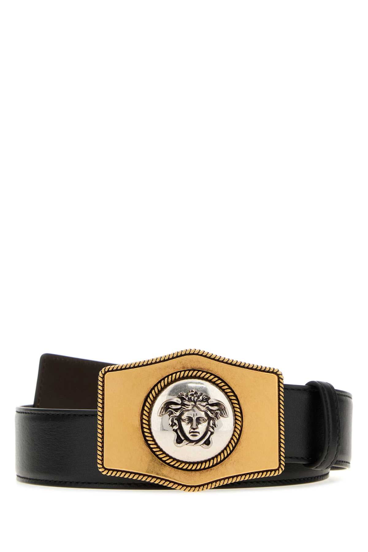 Versace Medusa Head Leather Plate Buckle Belt — Black Exterior