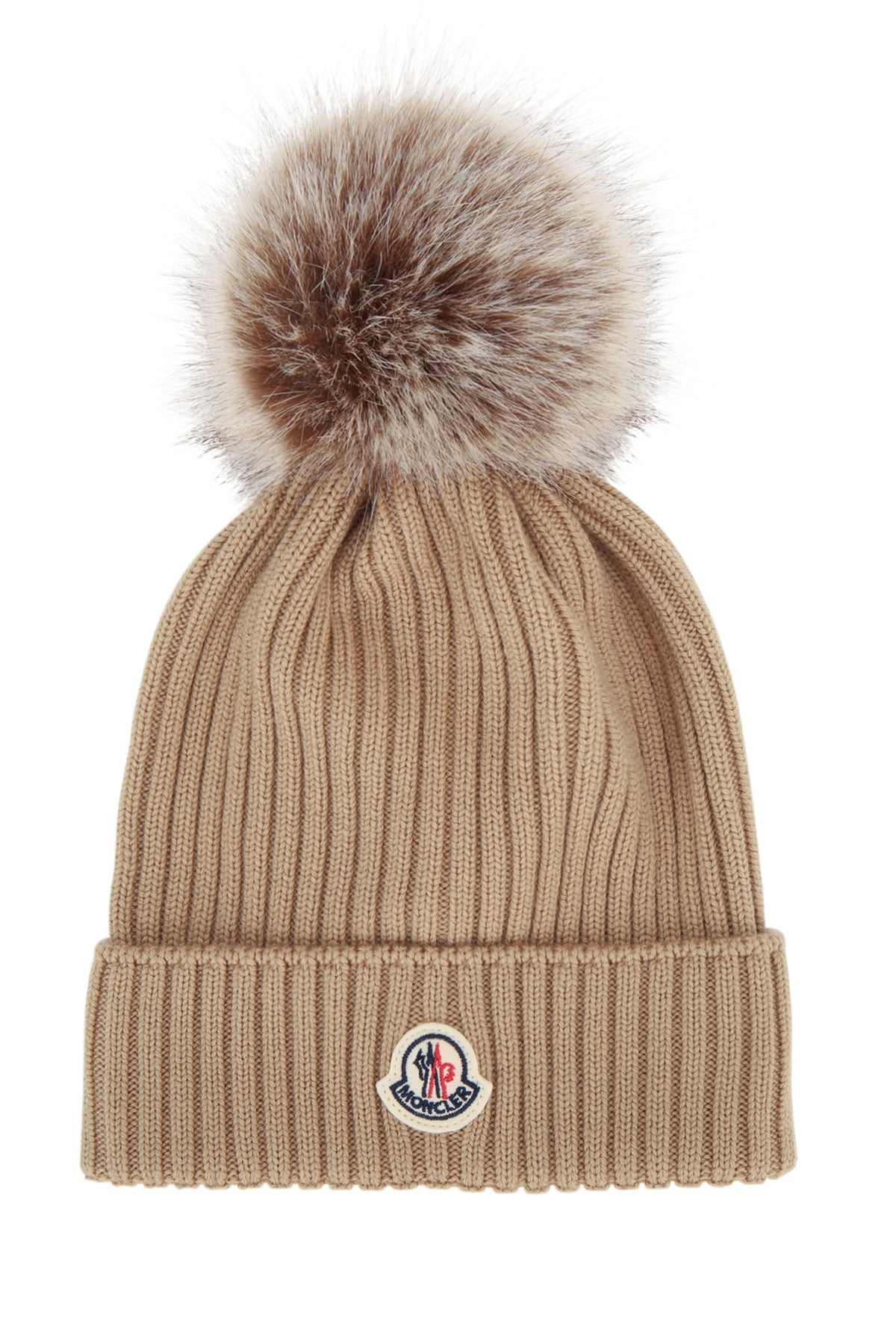 Moncler Jr Hat Ribbed Cotton With Fur Pom-Pom Winter — Beige