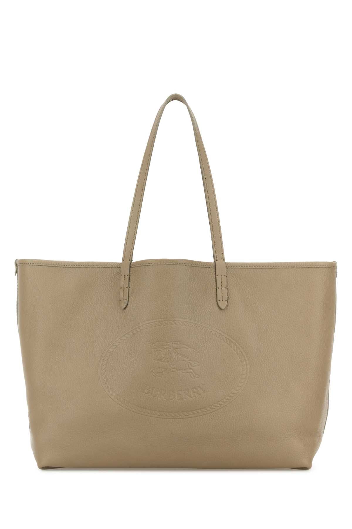Burberry Embossed Logo Calf Tote Bag — Beige Exterior