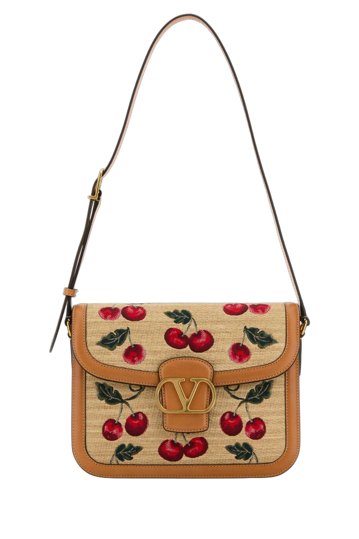 Valentino Garavani Cherry-Embroidered Raffia Shoulder Bag — Beige