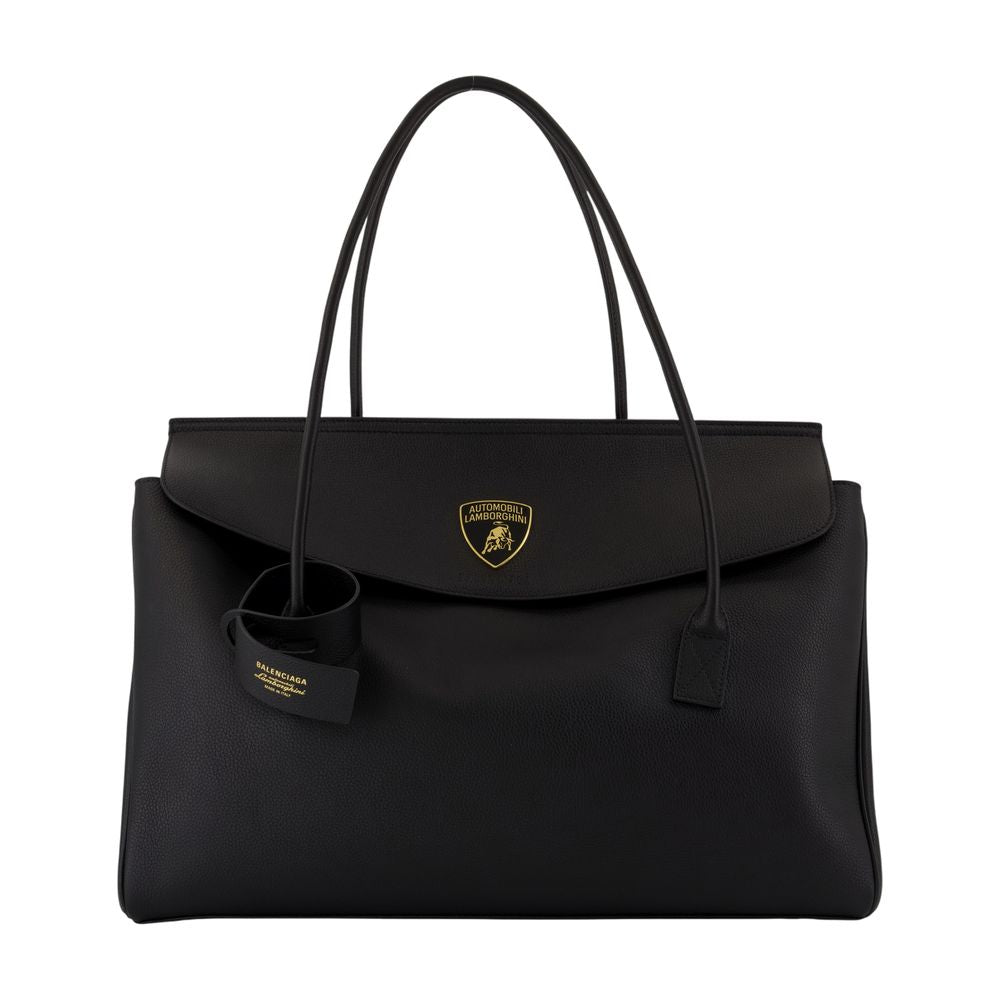 Balenciaga Curved Flap Leather Top Handle Bag — Black