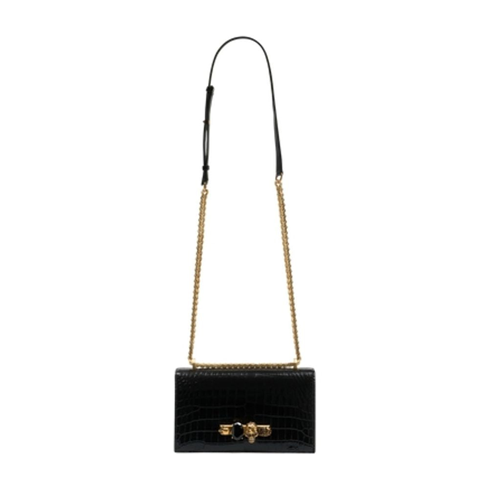 Alexander Mcqueen Crocodile-Embossed Calfskin Crossbody Bag — Black
