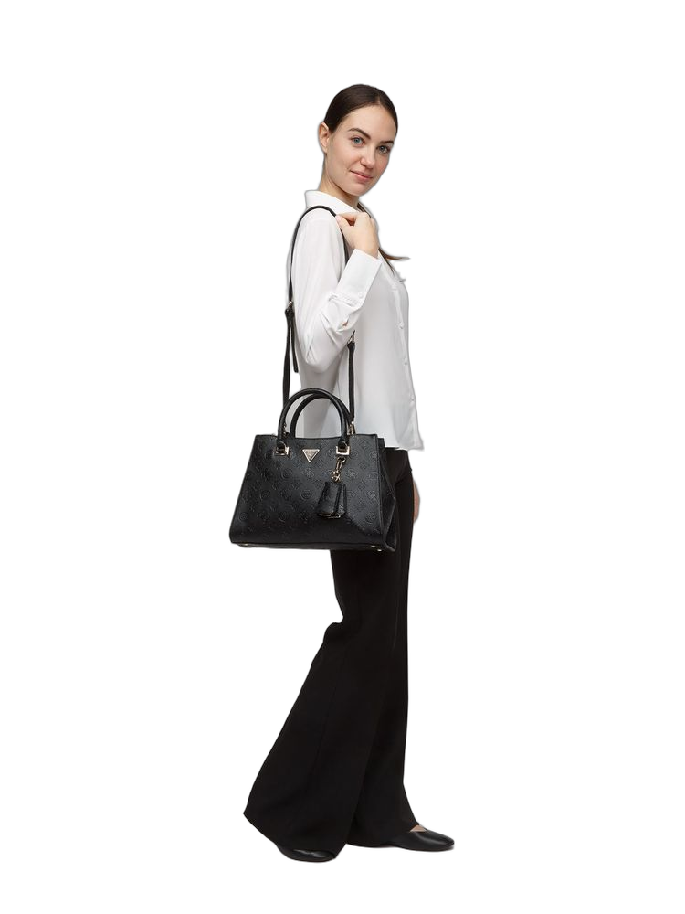 Guess Embossed Logo Satchel Bag — Black Polyurethane