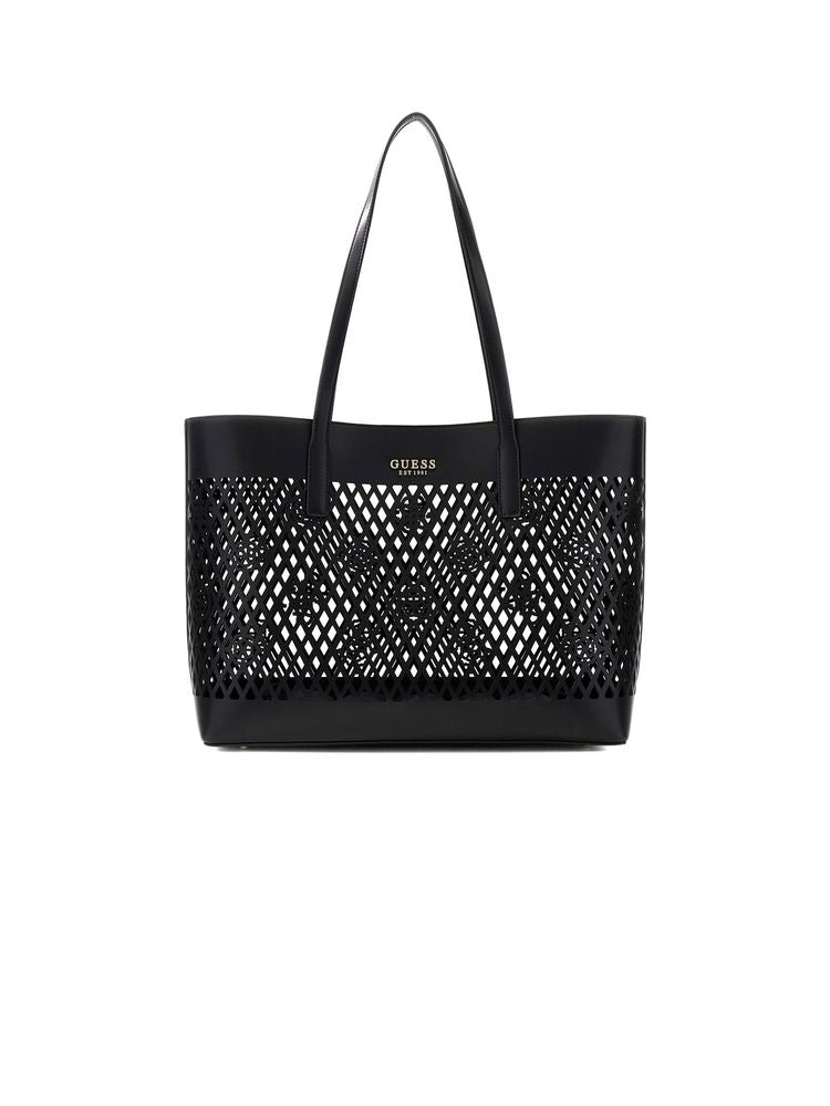 Guess Perforated Lattice Tote Bag — Black Polyurethane