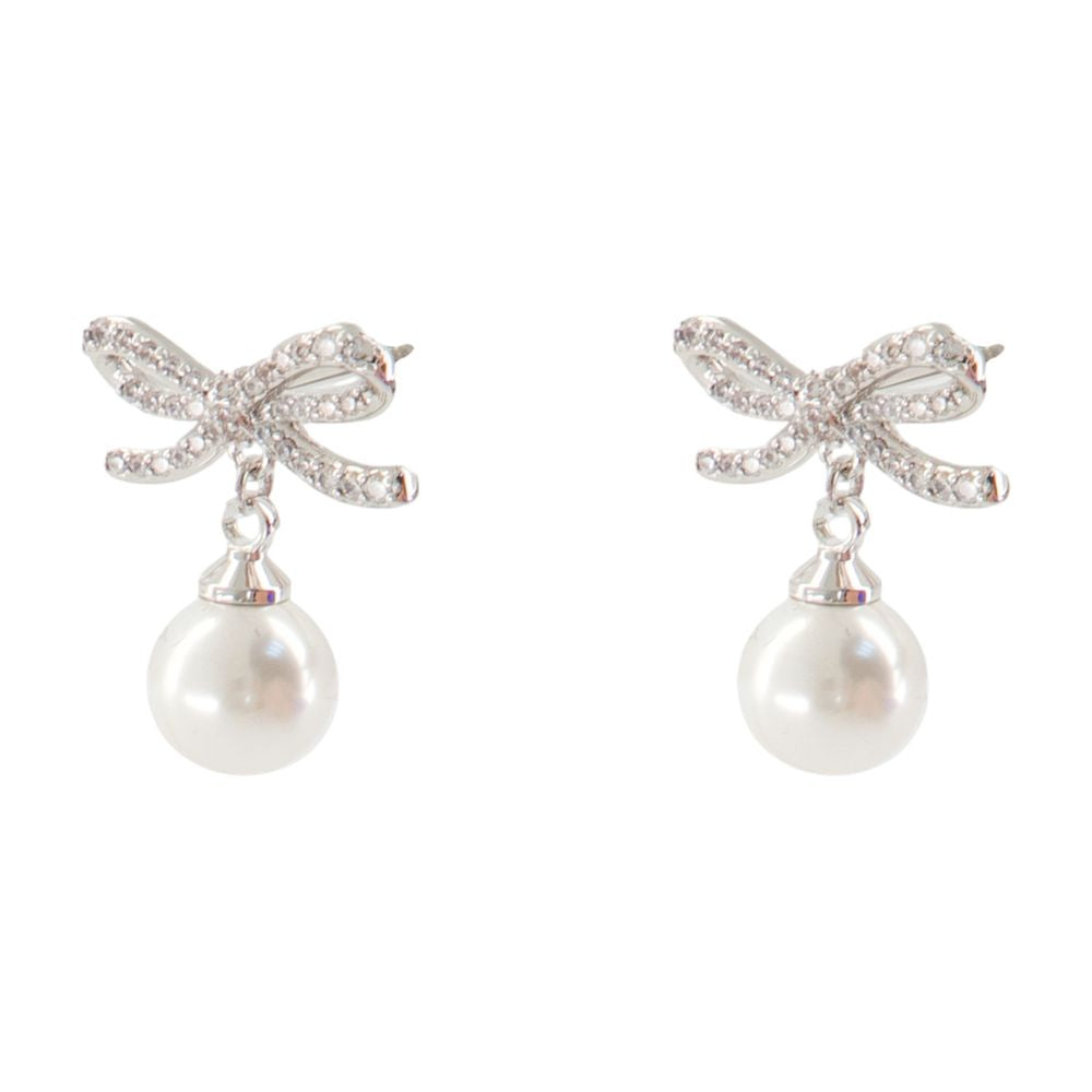 Self-Portrait Bow And Pearl Drop Earrings — Silver White Gold-plated Metal