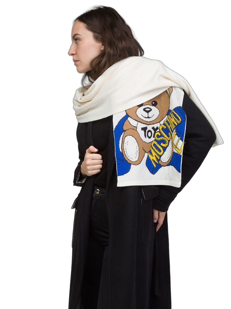 Moschino Teddy Bear-Graphic Wool Scarf — White Scarfs