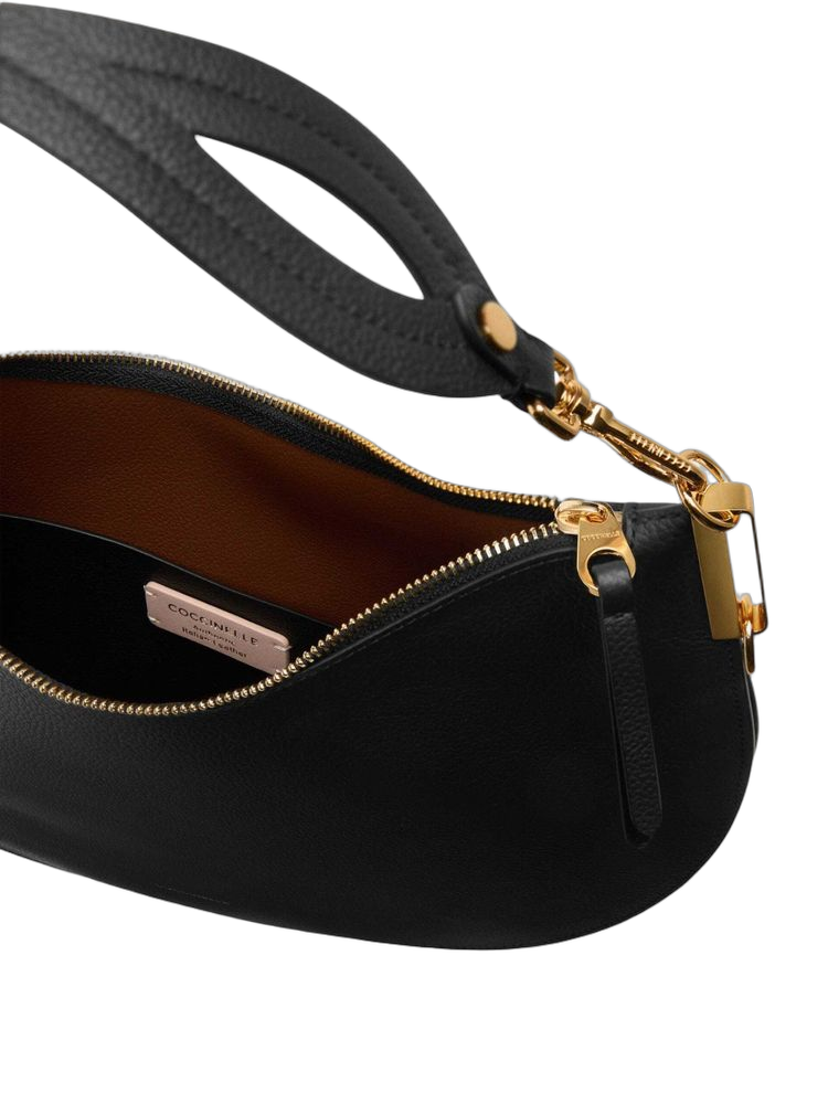 Coccinelle Double Grainy Leather Shoulder Bag — Black Cowhide