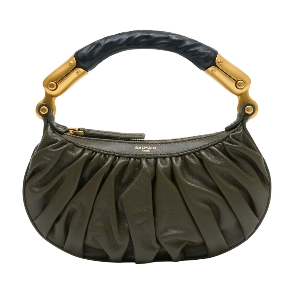 Balmain Gathered Crescent Mini Bag — Green Calfskin