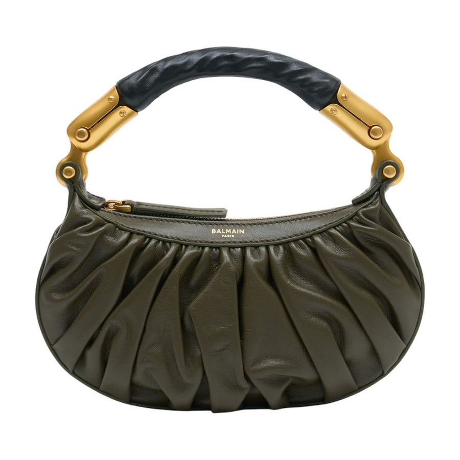 Balmain Gathered Crescent Mini Bag — Green Calfskin
