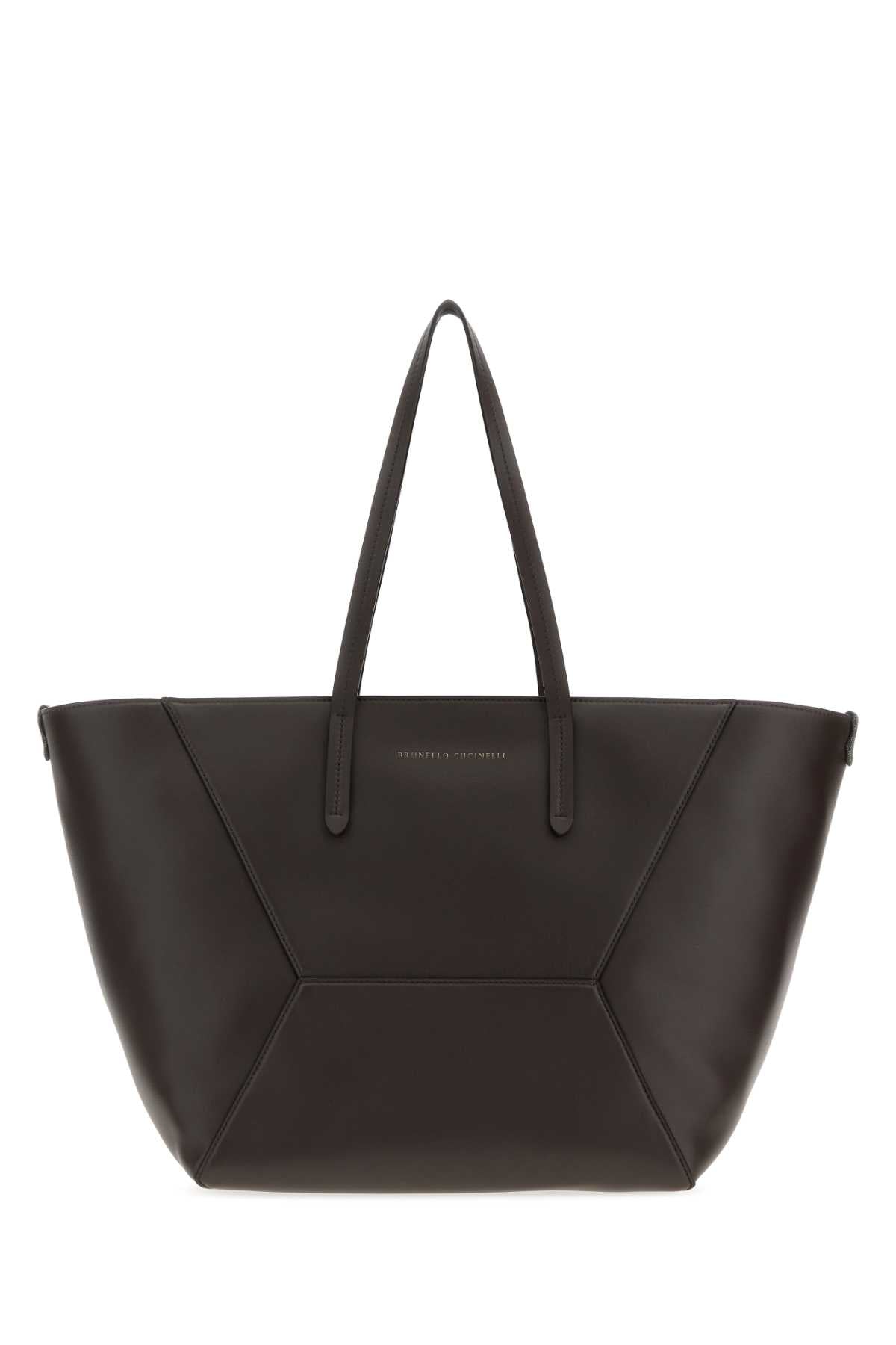 Brunello Cucinelli Geometric Paneled Calf Leather Tote Bag — Brown