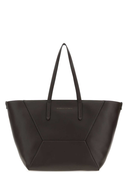 Brunello Cucinelli Geometric Paneled Calf Leather Tote Bag — Brown