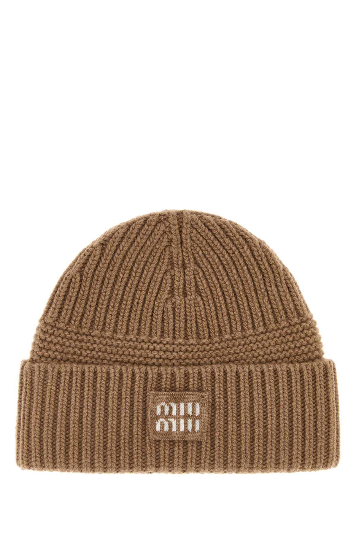 Miu Miu Hat Wool-Cashmere Ribbed Beanie — Beige Exterior: Wool Cashmere Beanies