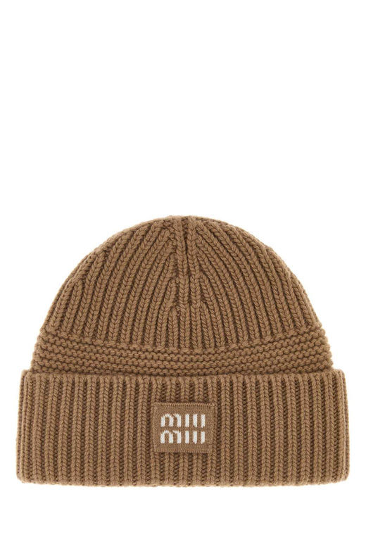 Miu Miu Hat Wool-Cashmere Ribbed Beanie — Beige Exterior: Wool Cashmere Beanies