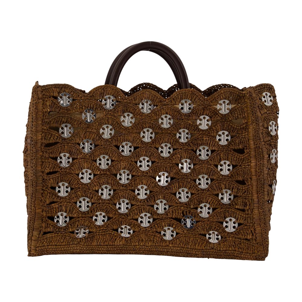Rabanne Logo-Embroidered Raffia Tote Bag — Brown