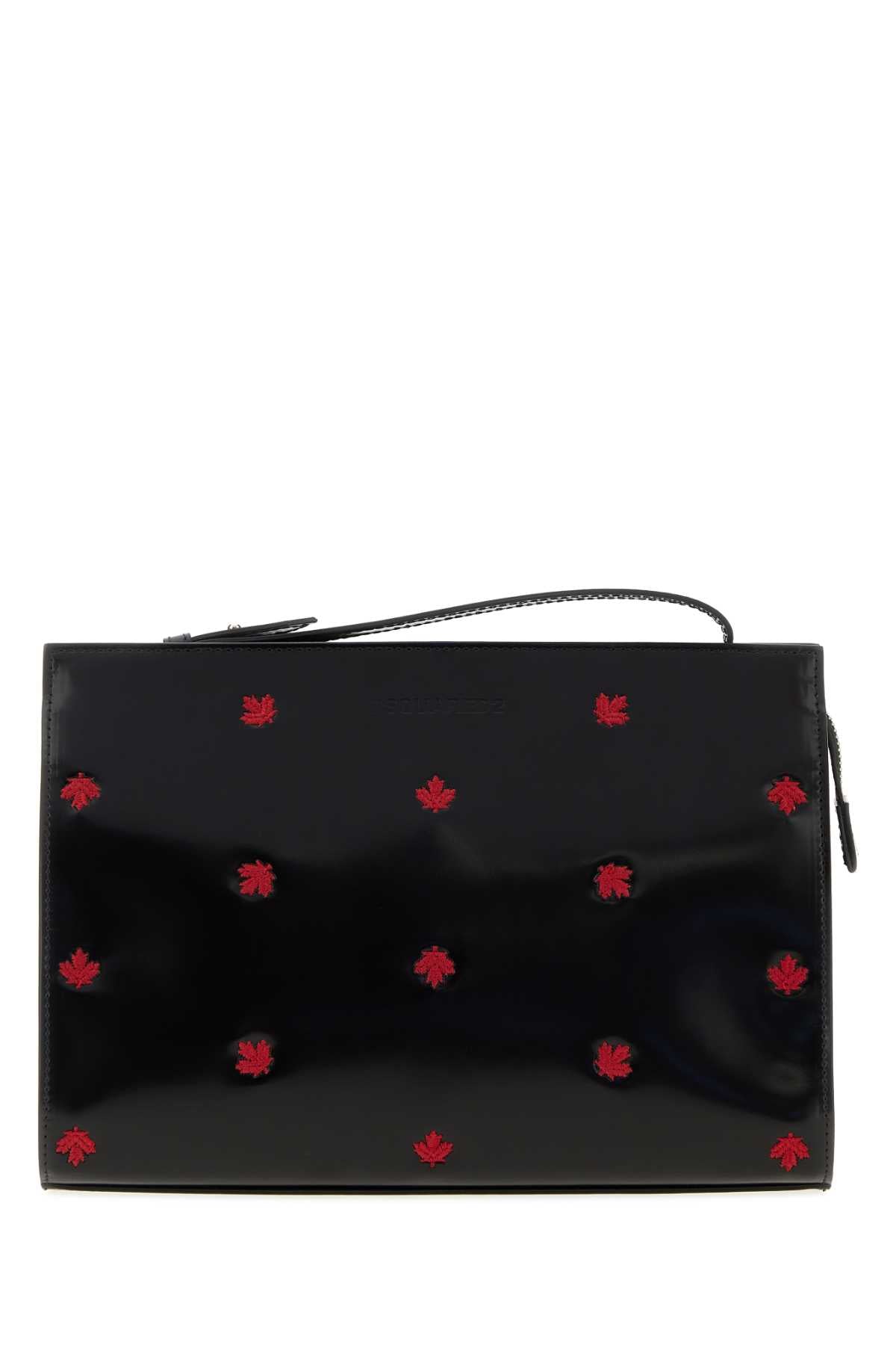 Dsquared2 Red Maple Leaf-Embroidered Clutch — Black