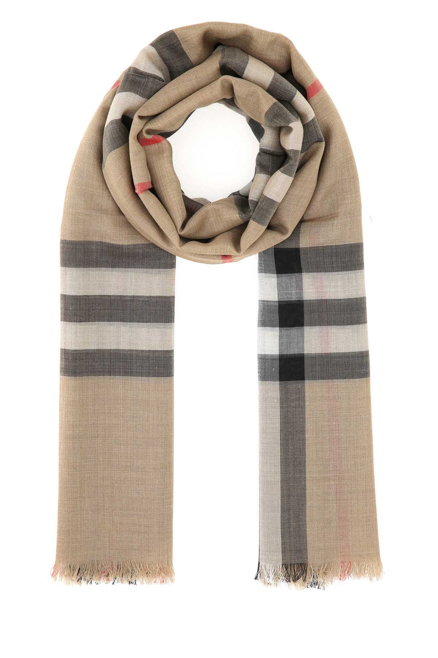 Burberry Wool-Silk Blend Check Scarf — Beige Wool Mulberry Silk Scarfs