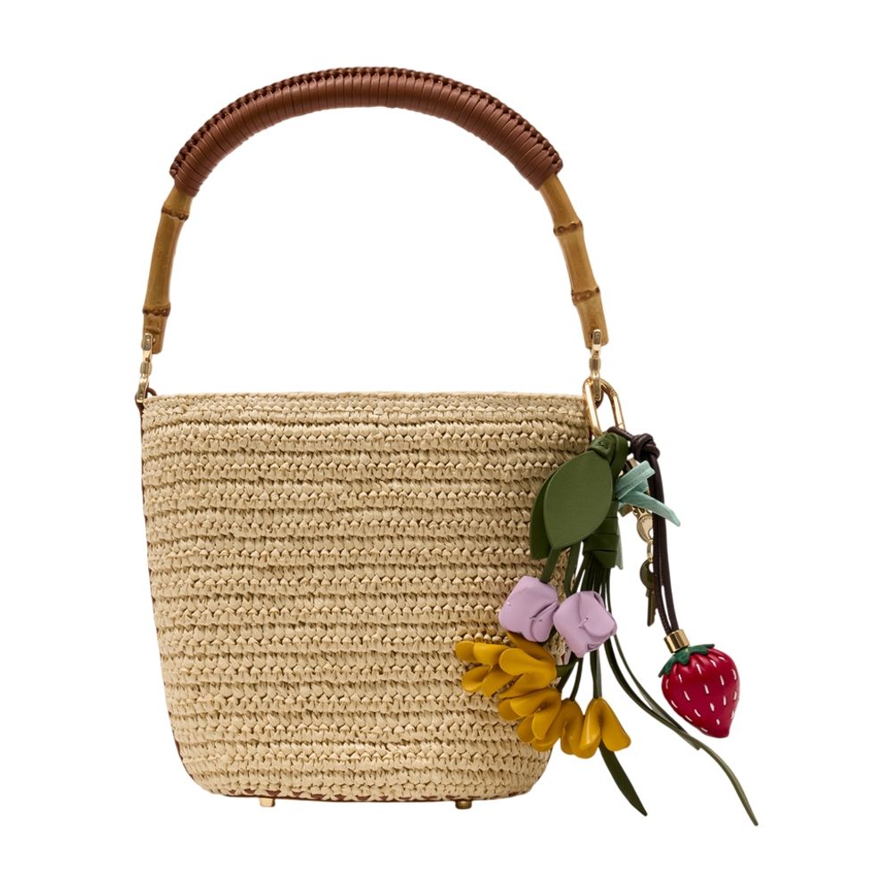 Self-Portrait Charm-Adorned Raffia Bucket Bag — Beige