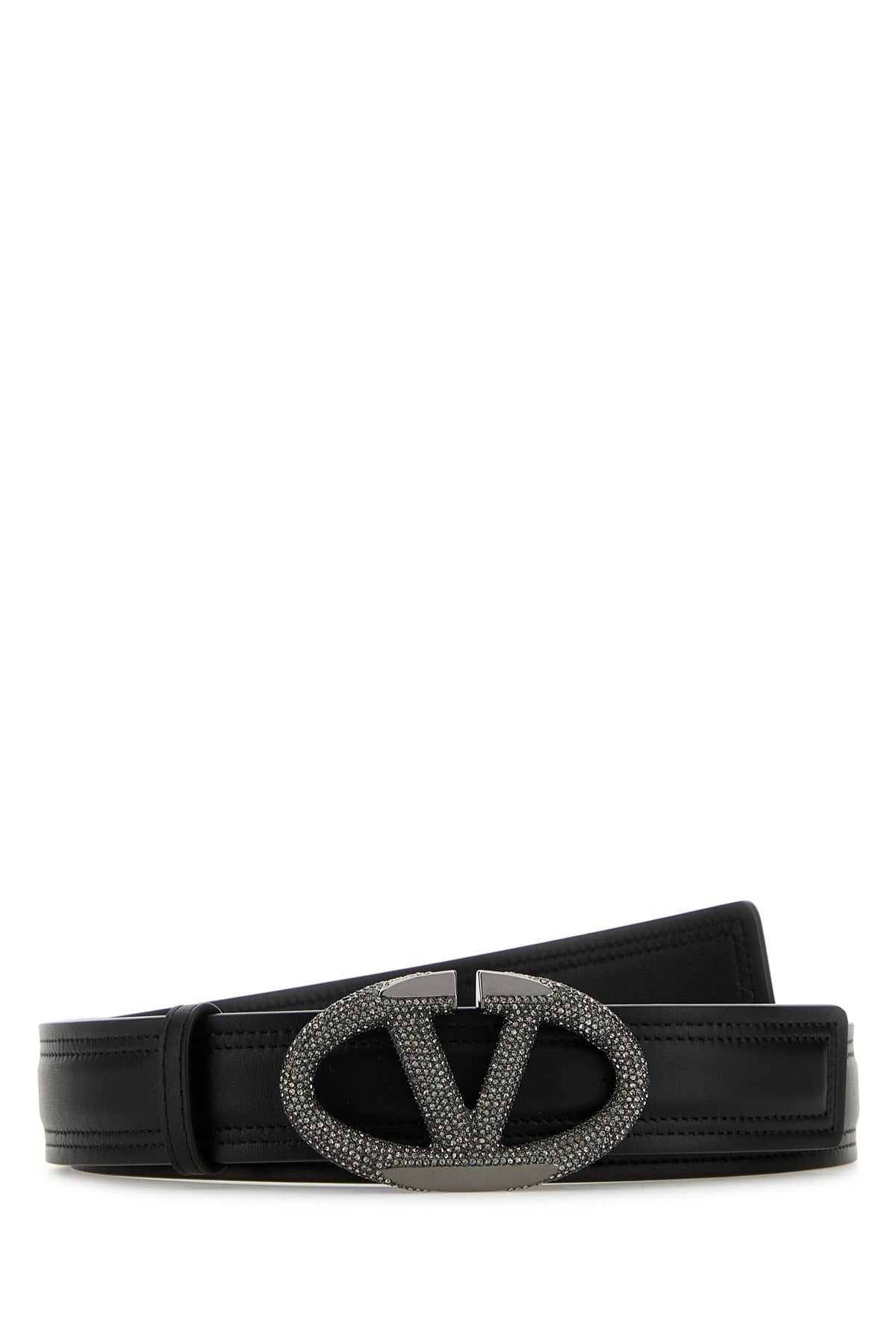 Valentino Garavani Crystal-Embellished Vlogo Buckle Belt — Black Neroblackdiamond Calfleatherbostaurus