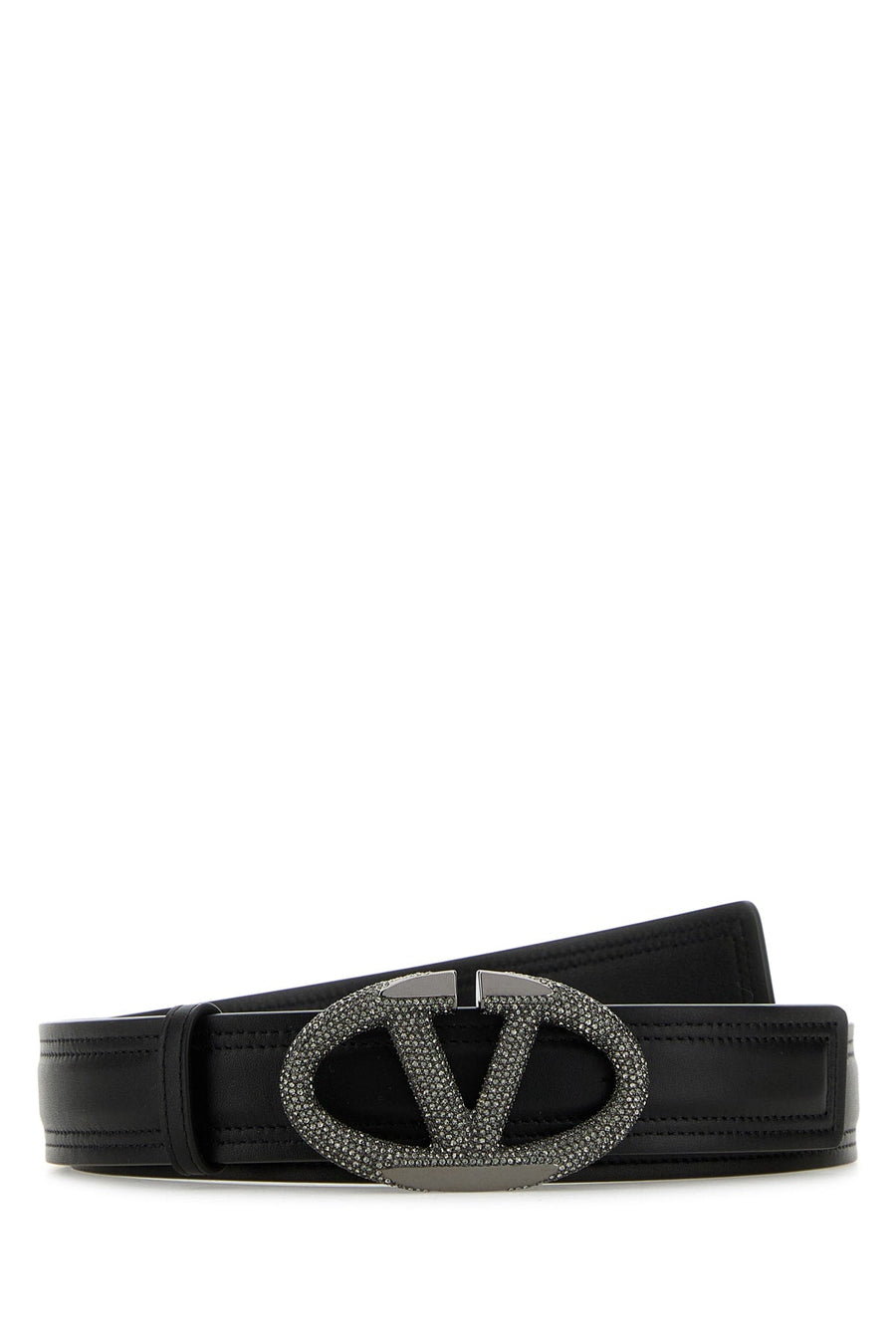 Valentino Garavani Crystal-Embellished Vlogo Buckle Belt — Black Neroblackdiamond Calfleatherbostaurus