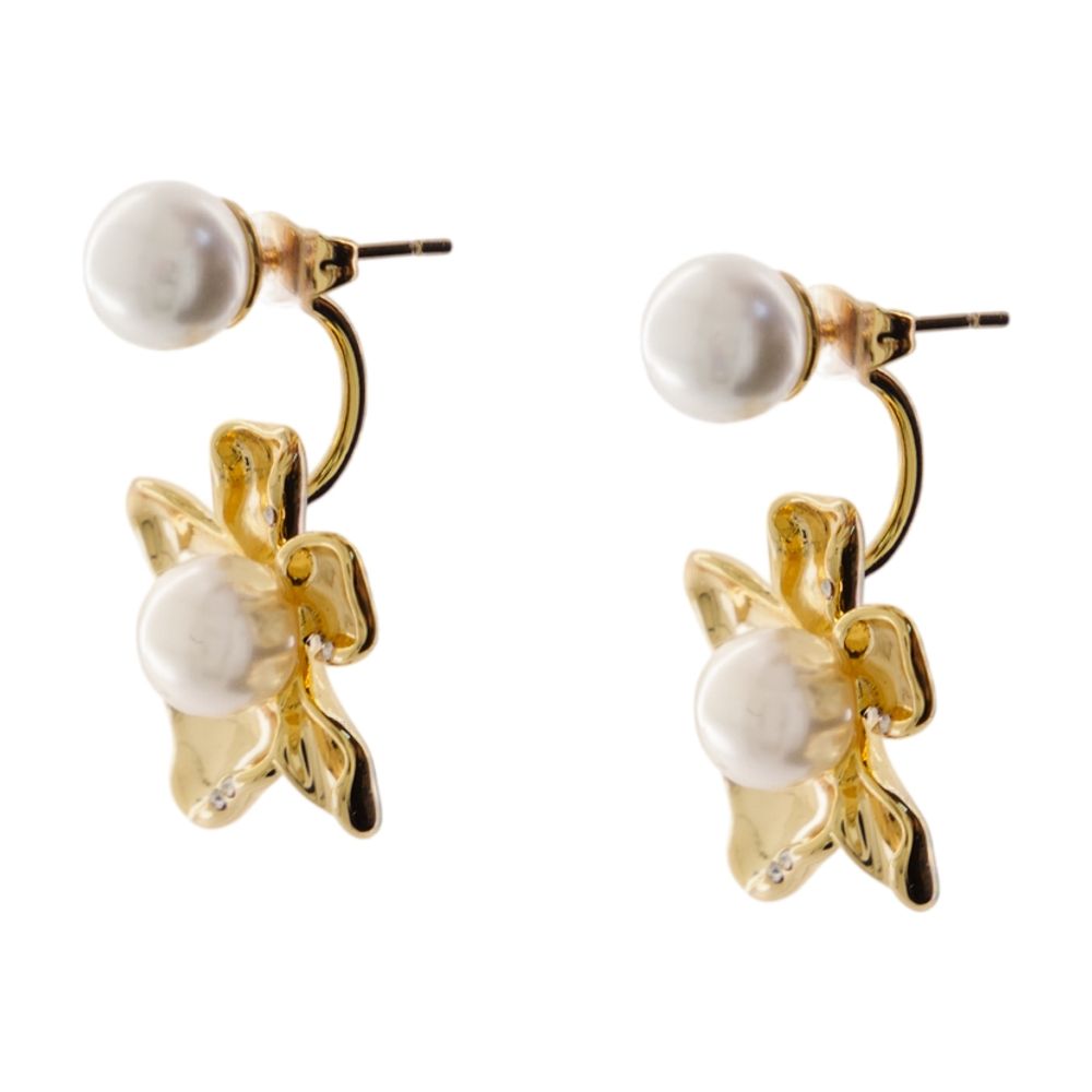 Self-Portrait Flower Pearl Jacket Earrings — Gold Metal