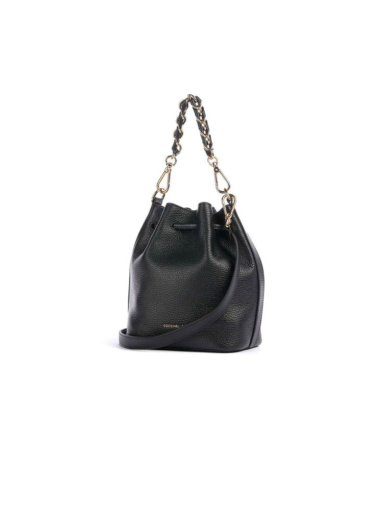 Coccinelle Pebbled Leather Bucket Bag — Black Genuine