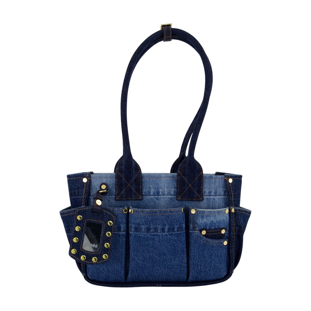 Ganni Quilted Denim Shoulder Bag — Blue Cotton