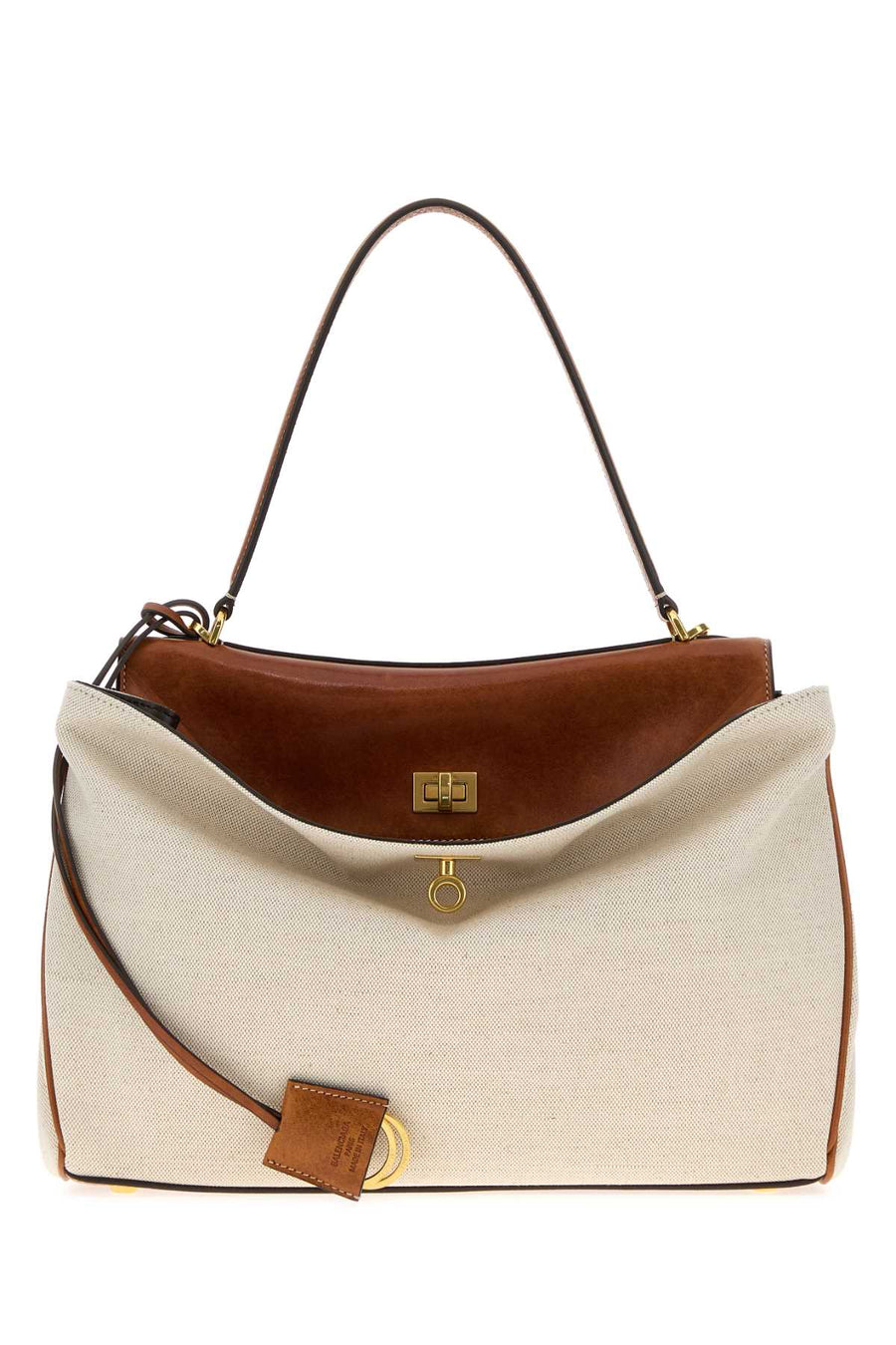 Balenciaga Colorblock Canvas & Suede Shoulder Bag — Beige