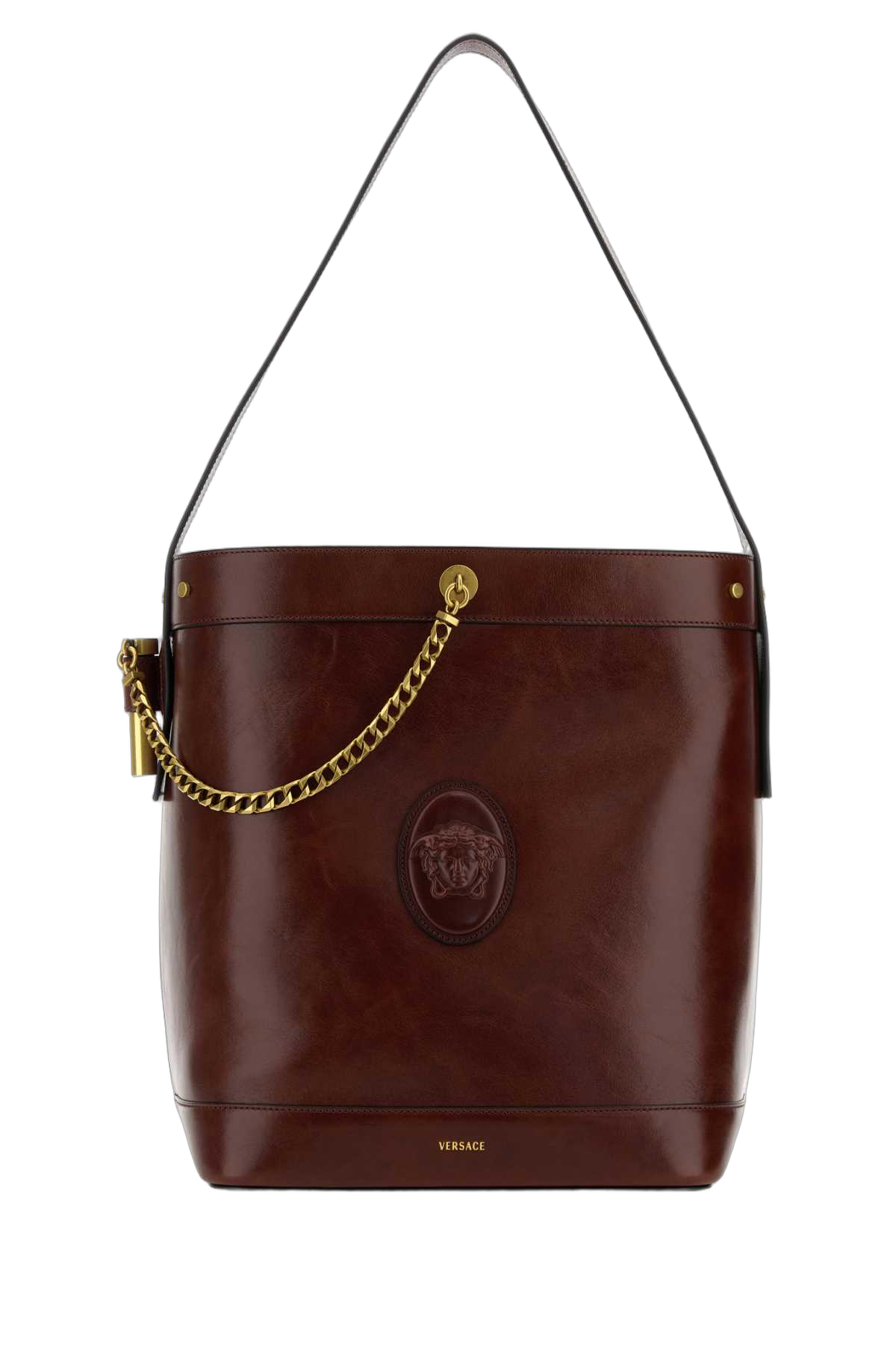 Versace Embossed Medusa Shoulder Bag — Brown