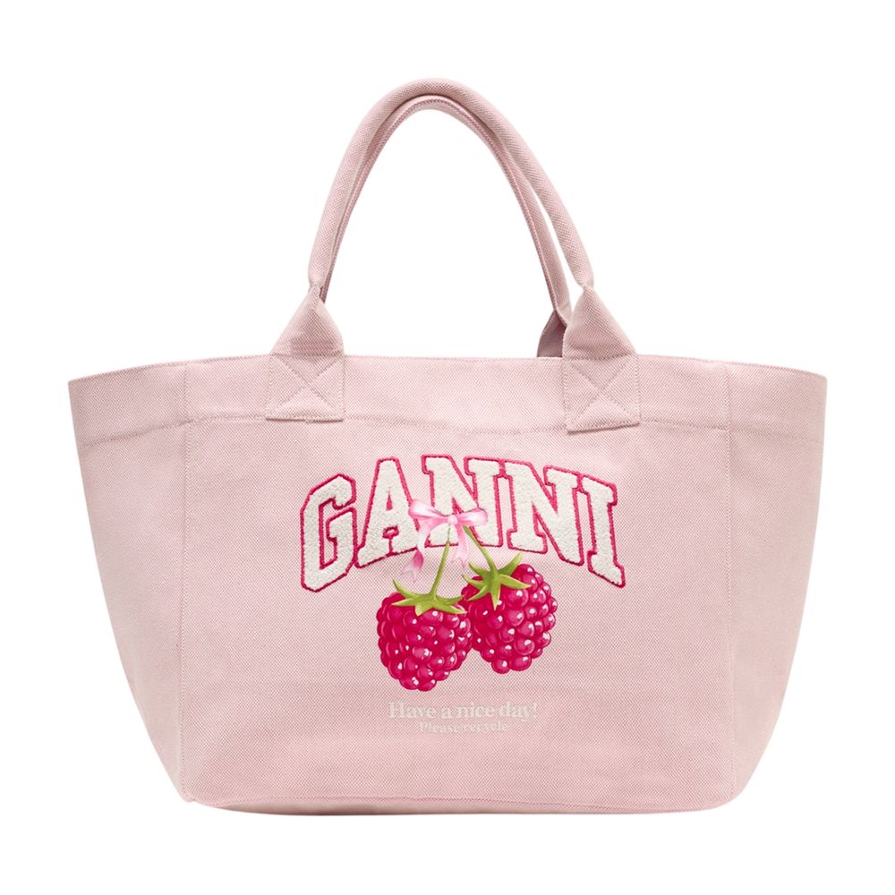 Ganni Logo-Embroidered Cotton Tote Bag — Pink