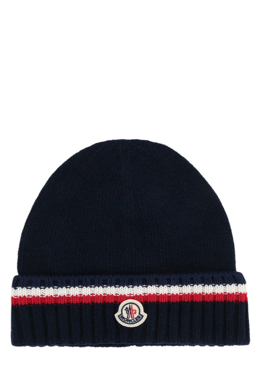 Moncler Jr Hat Ribbed Wool Beanie — Navy Beanies