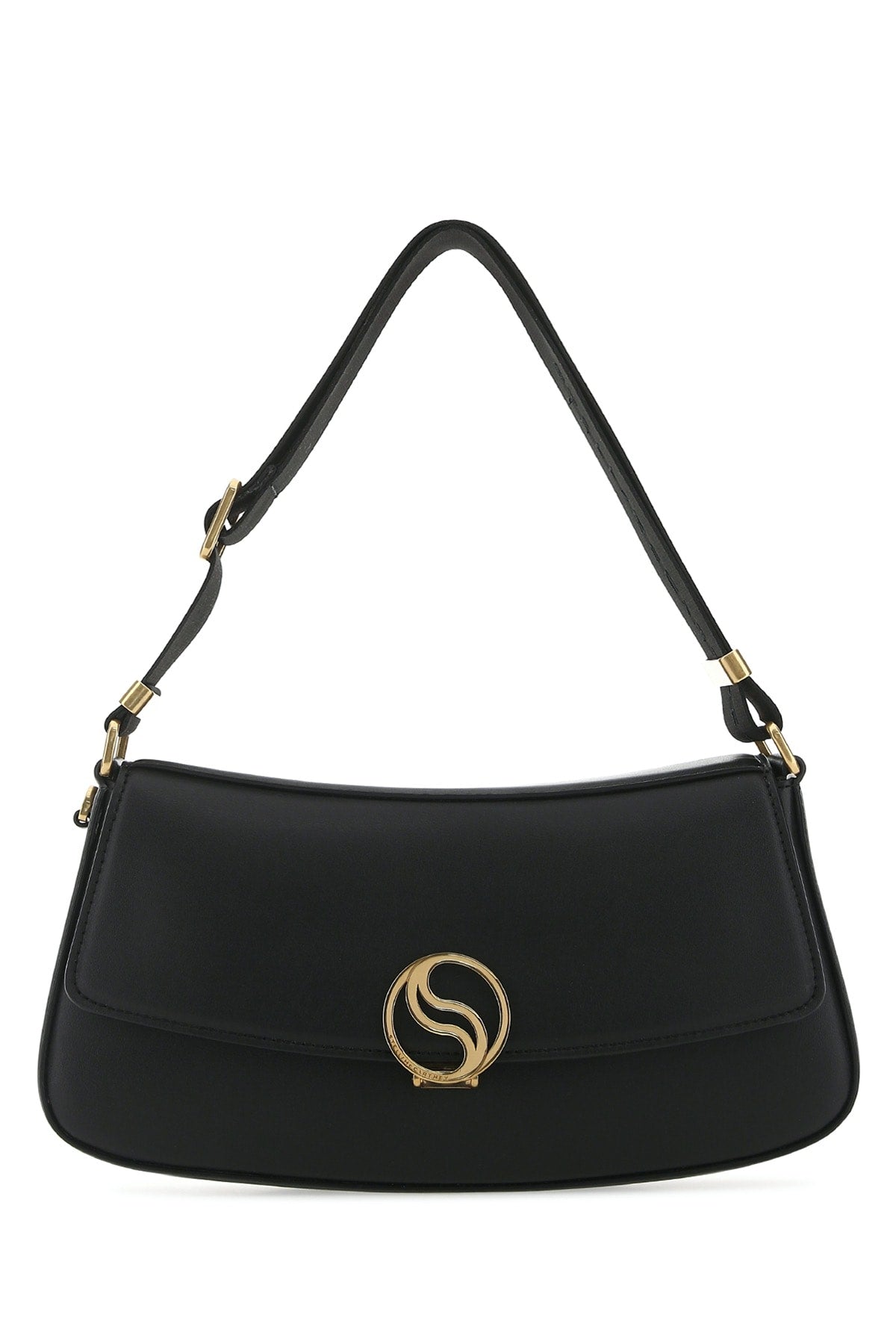 Stella Mccartney Logo-Detailed Curved Silhouette Shoulder Bag — Black Leather