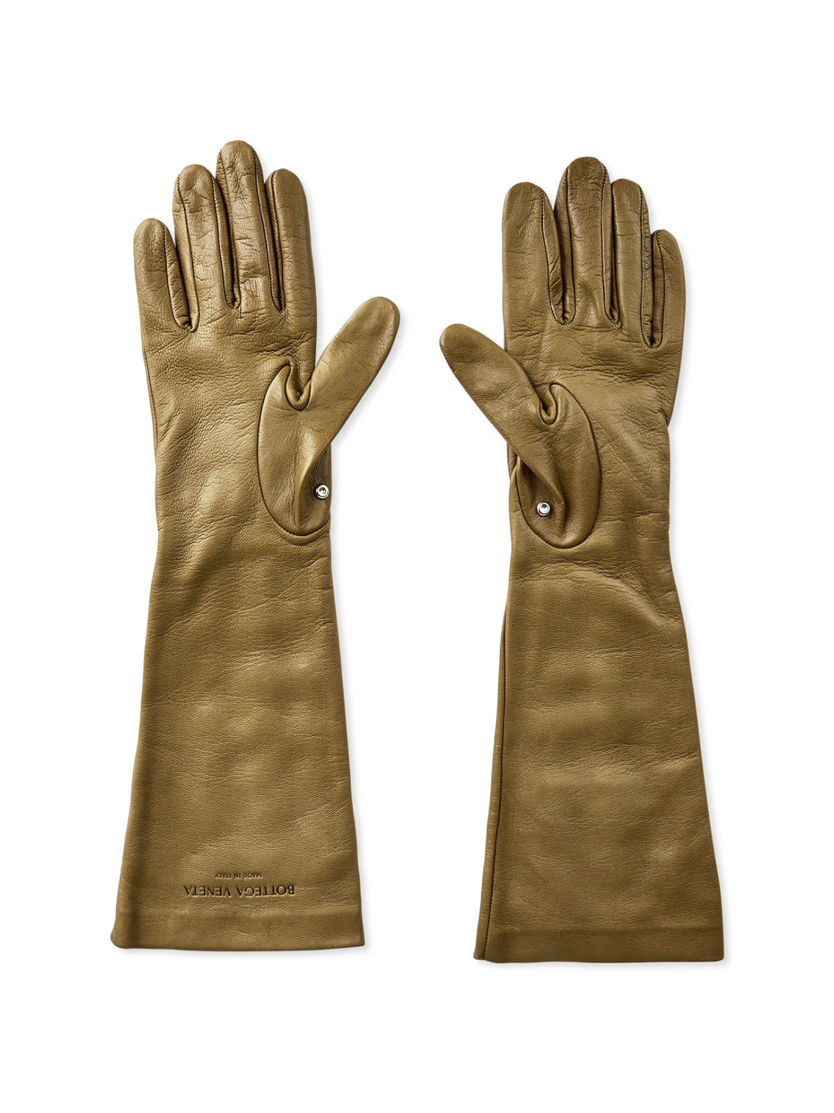 Bottega Veneta Leather With Embossed Logo Gloves — Gold