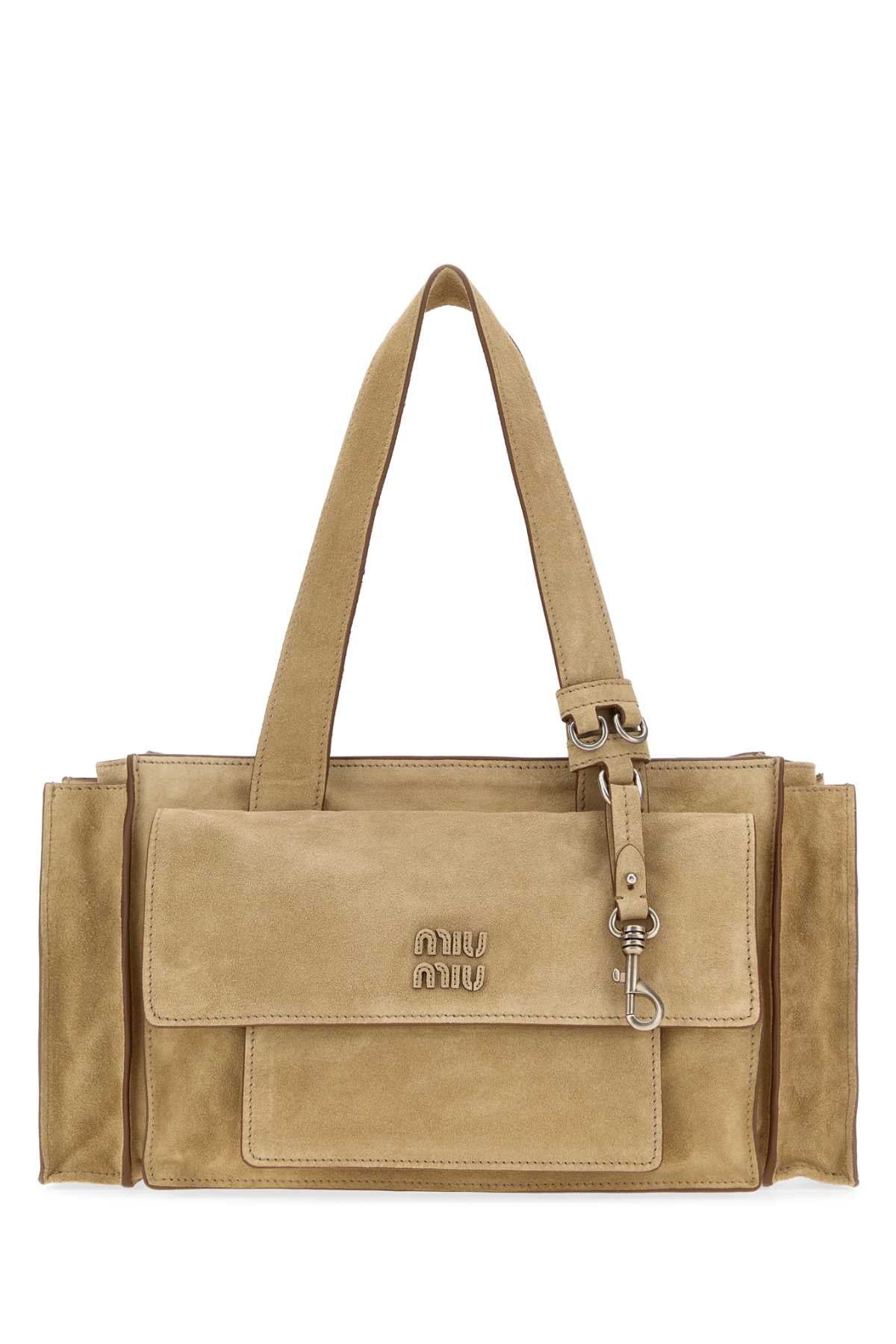 Miu Miu Vitello Suede Shoulder Bag — Beige
