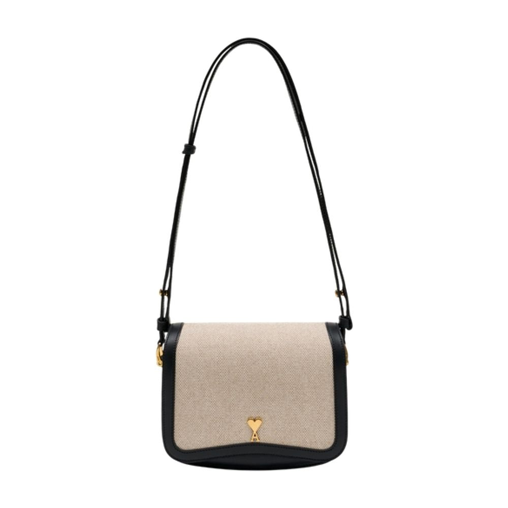 Ami Paris Canvas-Trimmed Shoulder Bag — Beige