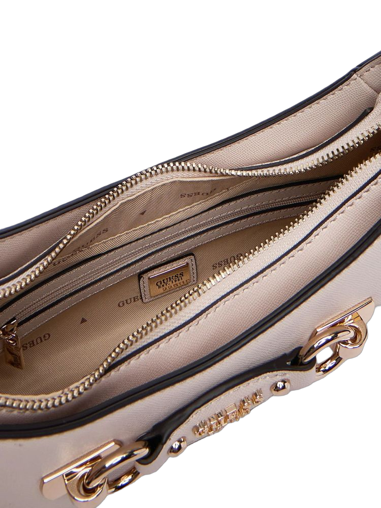 Guess Polished Top-Zip Shoulder Bag — Beige Polyurethane