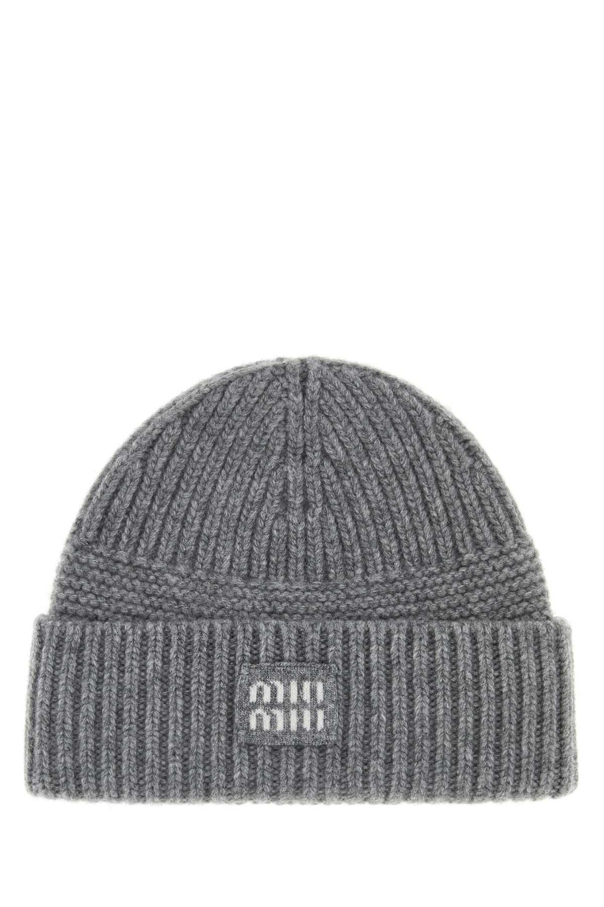 Miu Miu Hat Wool-Cashmere Ribbed Beanie — Gray Exterior: Wool Cashmere Beanies