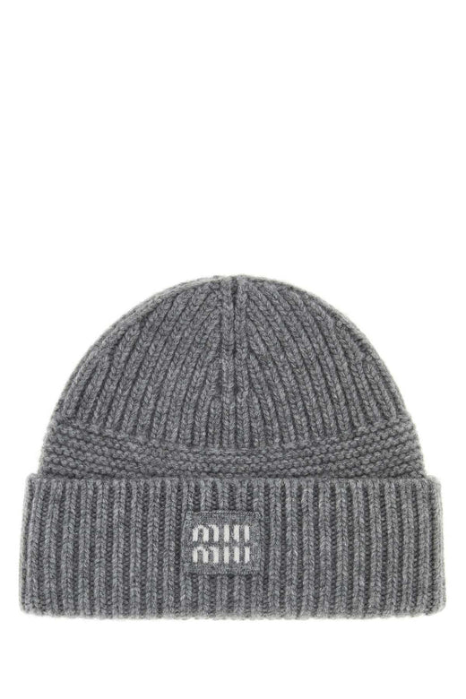 Miu Miu Hat Wool-Cashmere Ribbed Beanie — Gray Exterior: Wool Cashmere Beanies
