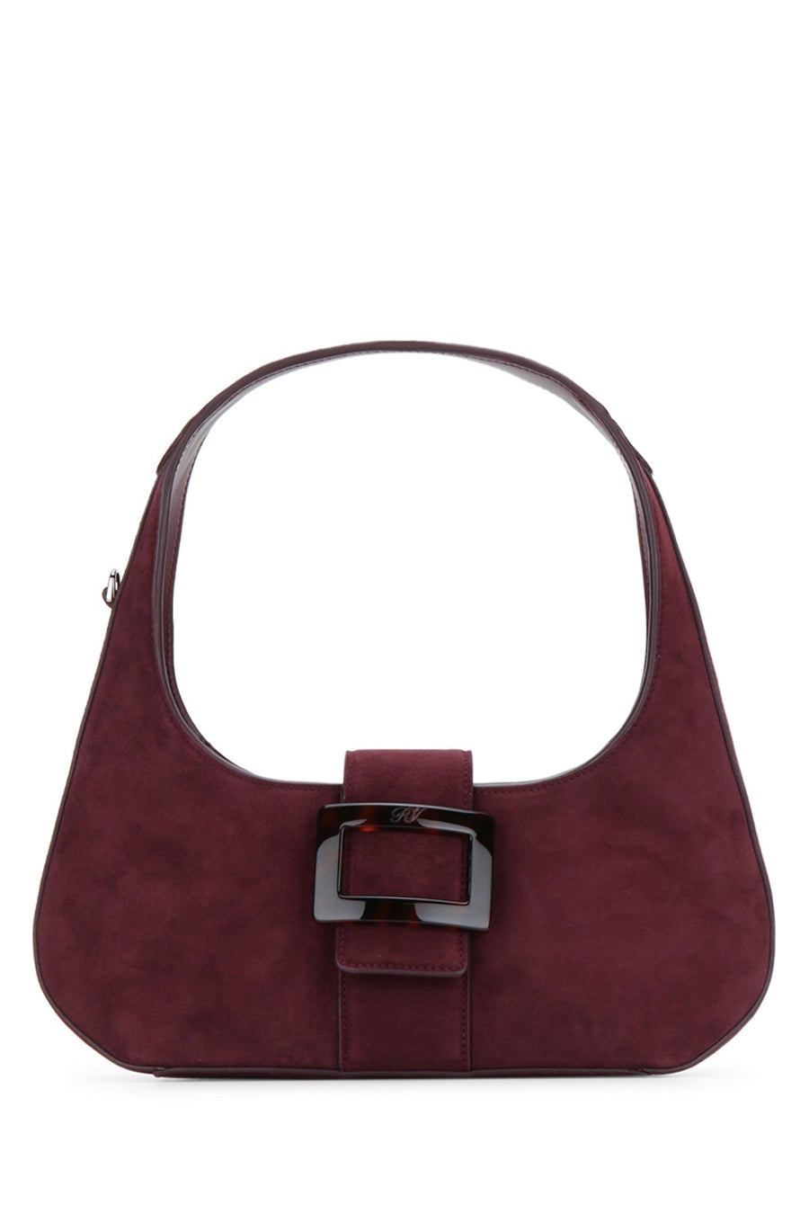 Roger Vivier Suede Buckle-Front Shoulder Bag — Burgundy