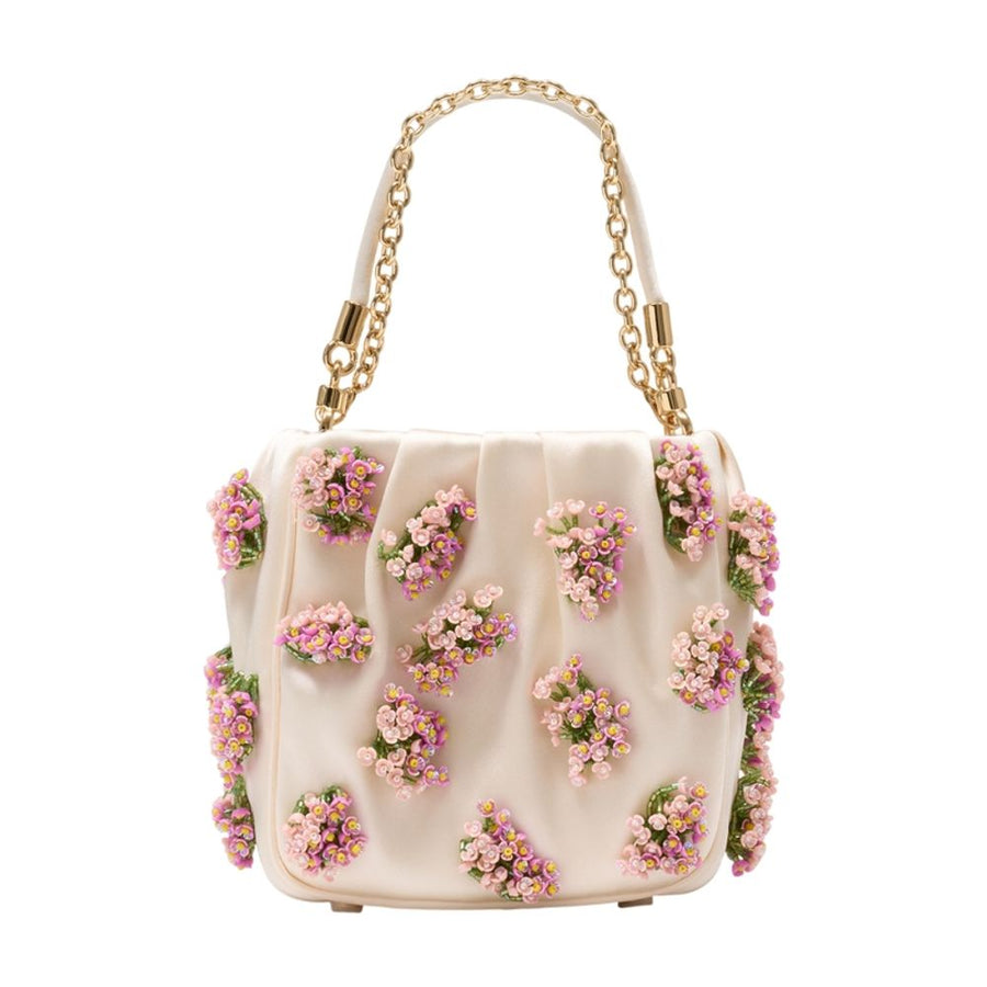 Self-Portrait Floral Beaded Raffia Shoulder Bag — Beige