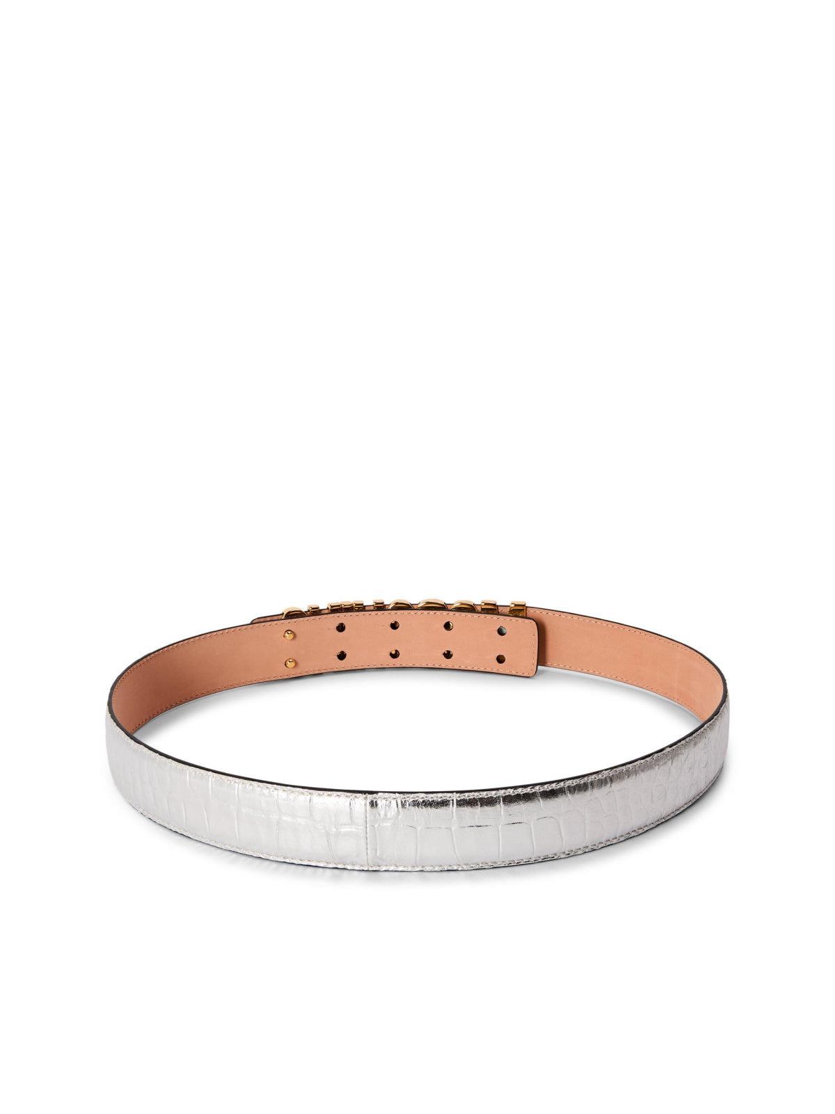 Moschino Logo Lettering Buckle Belt — Silver Leather